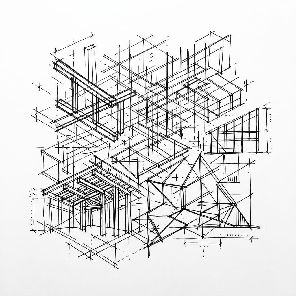 Architectural sketch of scaffolding and partial structures